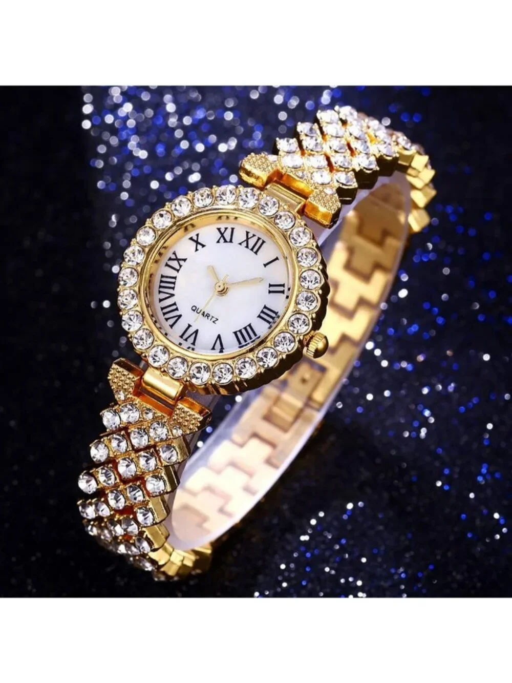 Womens Gold Analog Quartz Fashion Diamond Bangle Bracelet Set Luxury Wrist Watch